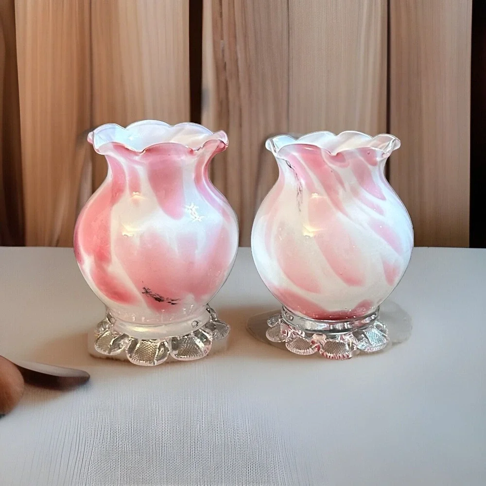 Vintage Pink and White Slag Glass Ruffled Bud Vases with Clover Base Set of 2